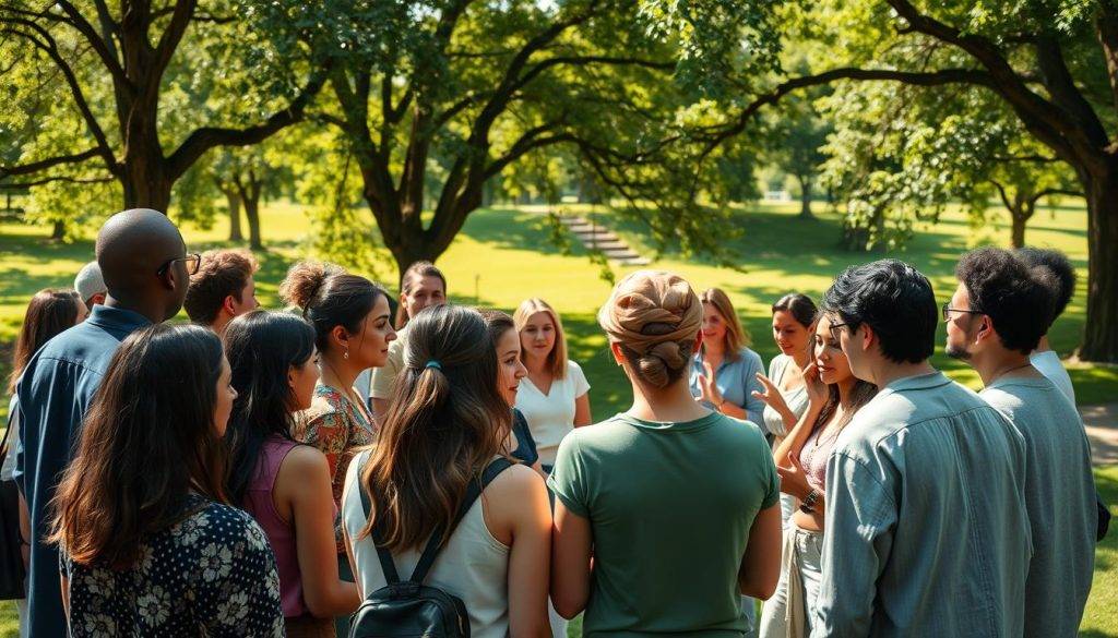 A vibrant community gathered in a sun-dappled park, people of diverse backgrounds engaged in thoughtful discussions and collaborative activities. In the foreground, a group of peers sharing advice and encouragement, their expressions warm and attentive. In the middle ground, mentors and experts guiding small circles, gesturing animatedly. The background reveals a lush, verdant landscape, calming and inspiring, creating a sense of unity and growth. Soft, natural lighting illuminates the scene, casting a glow of positivity and support. The overall atmosphere conveys a feeling of camaraderie, trust, and a shared journey towards personal development.