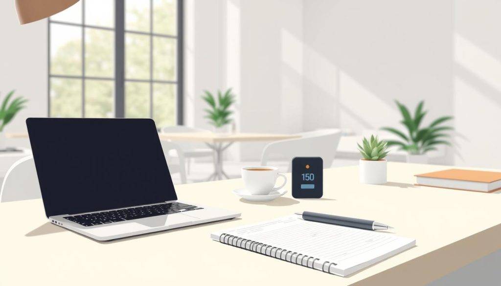 A well-lit, crisp digital illustration depicting a desk setup focused on productivity enhancement techniques. In the foreground, a laptop, notepad, and pen lie neatly arranged, symbolizing organized workflow. The middle ground showcases a cup of coffee, a mindfulness timer, and a small succulent plant, representing a balance of focus and self-care. The background features a minimalist, airy office space with large windows, allowing natural light to stream in and inspire creativity. The overall mood is one of efficiency, tranquility, and a touch of modern elegance.