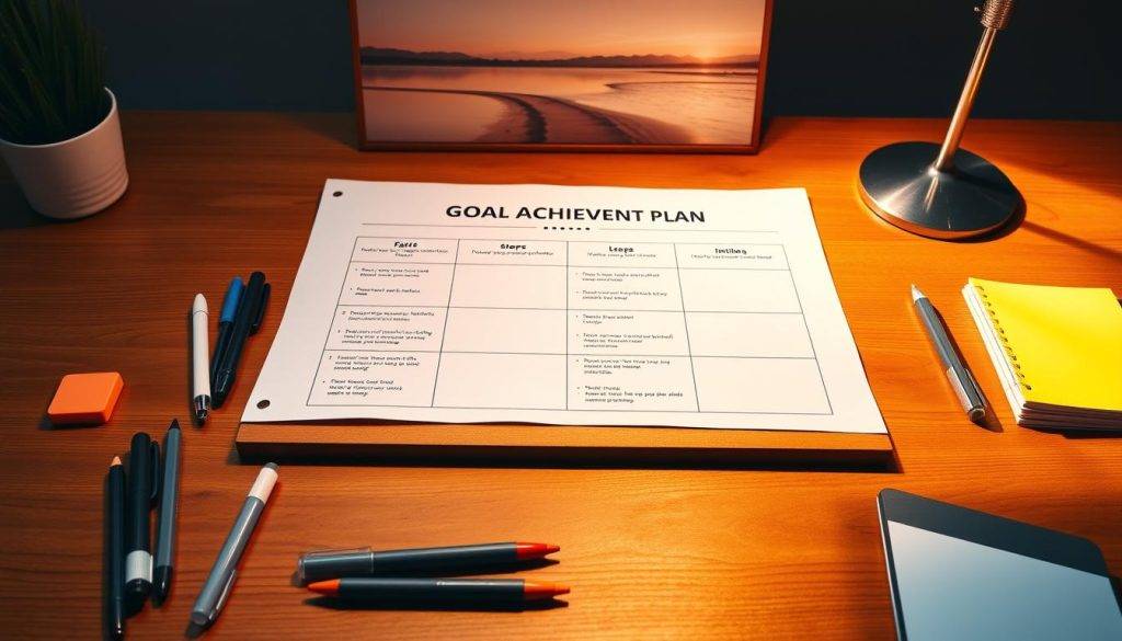 A well-organized goal achievement plan laid out on a wooden desktop, illuminated by warm, natural lighting. In the foreground, a neatly arranged set of office supplies - pens, highlighters, sticky notes - symbolizing the tools needed for strategic planning. In the middle ground, a large sheet of paper with a clear, structured outline of steps and milestones, conveying a sense of focus and progress. The background features a minimalist, inspirational landscape painting, evoking a sense of clarity and tranquility. The overall atmosphere is one of purposeful, methodical goal-setting, ready to be put into action.