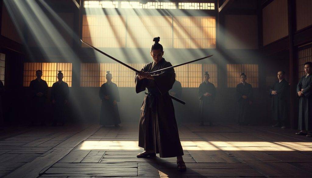 A young Miyamoto Musashi, dressed in traditional samurai attire, stands in a dimly lit dojo, focused and poised, as he practices his iconic two-sword techniques. Sunlight filters through the paper screens, casting dramatic shadows across the weathered wooden floors. Surrounding him, his fellow students observe intently, their faces shrouded in the half-light, as they learn the discipline and precision of the samurai way. The atmosphere is one of reverence and intensity, reflecting the seriousness with which Musashi approaches his martial training, laying the foundations for his future mastery. A young Miyamoto Musashi, dressed in traditional samurai attire, stands in a dimly lit dojo, focused and poised, as he practices his iconic two-sword techniques. Sunlight filters through the paper screens, casting dramatic shadows across the weathered wooden floors. Surrounding him, his fellow students observe intently, their faces shrouded in the half-light, as they learn the discipline and precision of the samurai way. The atmosphere is one of reverence and intensity, reflecting the seriousness with which Musashi approaches his martial training, laying the foundations for his future mastery.