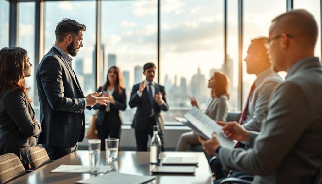 Detailed business communication techniques depicted in a photorealistic rendering. Foreground shows professionals engaged in active discussion, utilizing various visual aids and gestures to convey ideas. Middle ground features a modern office setting with clean lines, neutral tones, and ample natural lighting. Background showcases a dynamic city skyline visible through large windows, reflecting the fast-paced nature of the corporate world. Subtle depth of field blur emphasizes the central focus on the interpersonal communication process. Overall, the scene conveys a sense of productivity, collaboration, and the importance of effective pattern interrupt techniques in the professional domain.