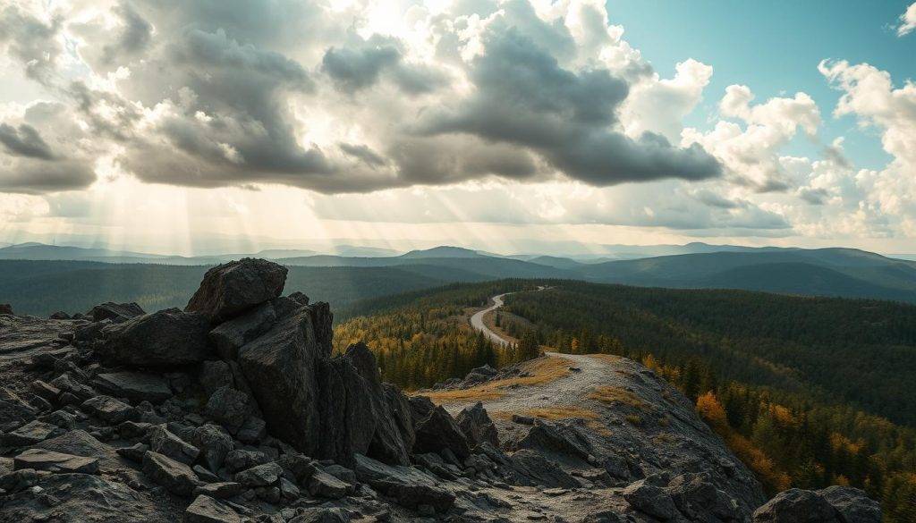 Obstacles versus Challenges: A Landscape of Personal Growth. In the foreground, a rugged, rocky terrain represents the obstacles we face, jagged and unyielding. In the middle ground, a winding path symbolizes the challenges we must navigate, leading towards a distant, lush forest bathed in warm, golden light - the promise of personal growth and transformation. The sky above is dramatic, with billowing clouds and shafts of light piercing through, conveying a sense of hope and determination. Rendered in a cinematic, realistic style with a focus on texture, depth, and subtle details that evoke the themes of overcoming adversity and embracing personal development.