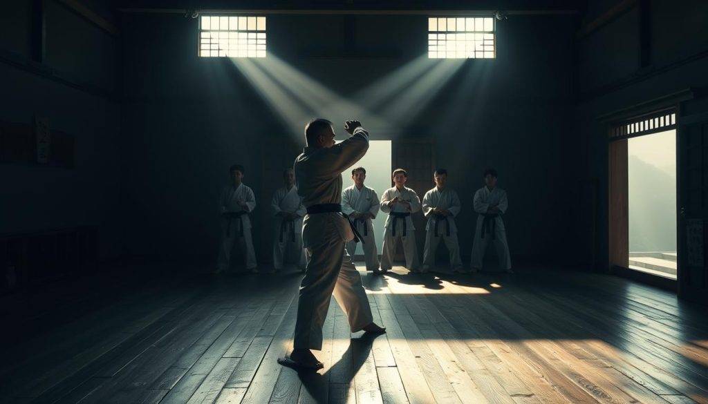 Shizenryoku natural power in dojo training: A dimly lit dojo, the air thick with focus and discipline. In the foreground, a martial artist in a crisp white gi stands poised, their movements fluid and powerful. Beams of soft light filter through the windows, casting dramatic shadows across the weathered wooden floor. In the middle ground, several students mirror the instructor's precise katas, their faces intense with concentration. The background fades into a hazy, serene atmosphere, suggesting a deep connection to the art's ancient origins and philosophical underpinnings. The scene conveys a sense of tranquil strength, the students harnessing the Shizenryoku - the natural power within. Shizenryoku natural power in dojo training: A dimly lit dojo, the air thick with focus and discipline. In the foreground, a martial artist in a crisp white gi stands poised, their movements fluid and powerful. Beams of soft light filter through the windows, casting dramatic shadows across the weathered wooden floor. In the middle ground, several students mirror the instructor's precise katas, their faces intense with concentration. The background fades into a hazy, serene atmosphere, suggesting a deep connection to the art's ancient origins and philosophical underpinnings. The scene conveys a sense of tranquil strength, the students harnessing the Shizenryoku - the natural power within.