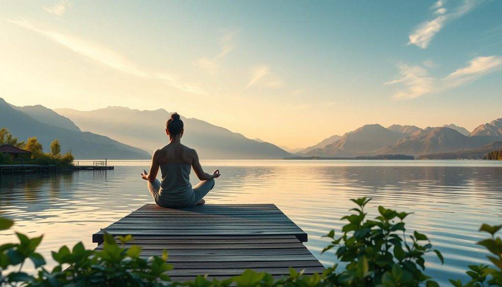 a vibrant visualization of attaining goals, a serene scene of a lakeside retreat with a tranquil body of water reflecting the sky, lush green foliage in the foreground, and a breathtaking mountain range in the background bathed in warm, golden light, a person sitting cross-legged on a floating dock, deep in meditation, visualizing their dreams and aspirations, the atmosphere exuding a sense of calm focus and inner peace, the image captured with a wide-angle lens to convey a sense of vast, expansive potential, the lighting soft and diffused, creating a dreamlike, ethereal quality