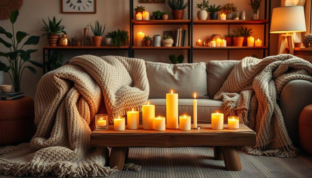 hygge candles and blankets